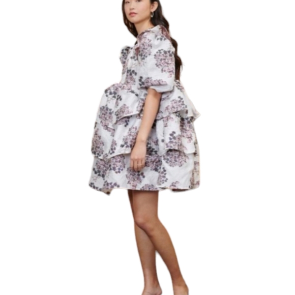 SISTER JANE M Dream Pink Black Floral Jacquard Ruffle Dress Mini Tiered Lux Puff - Picture 2 of 15